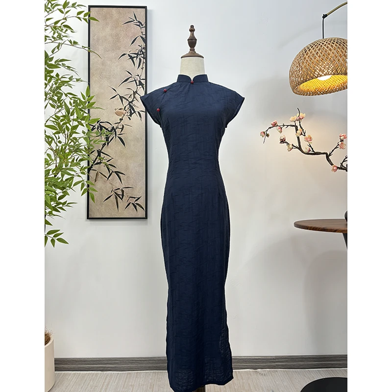 {司尧} 晓满旗袍 藏青气质民国旗袍少女短袖日常旗袍复古中式