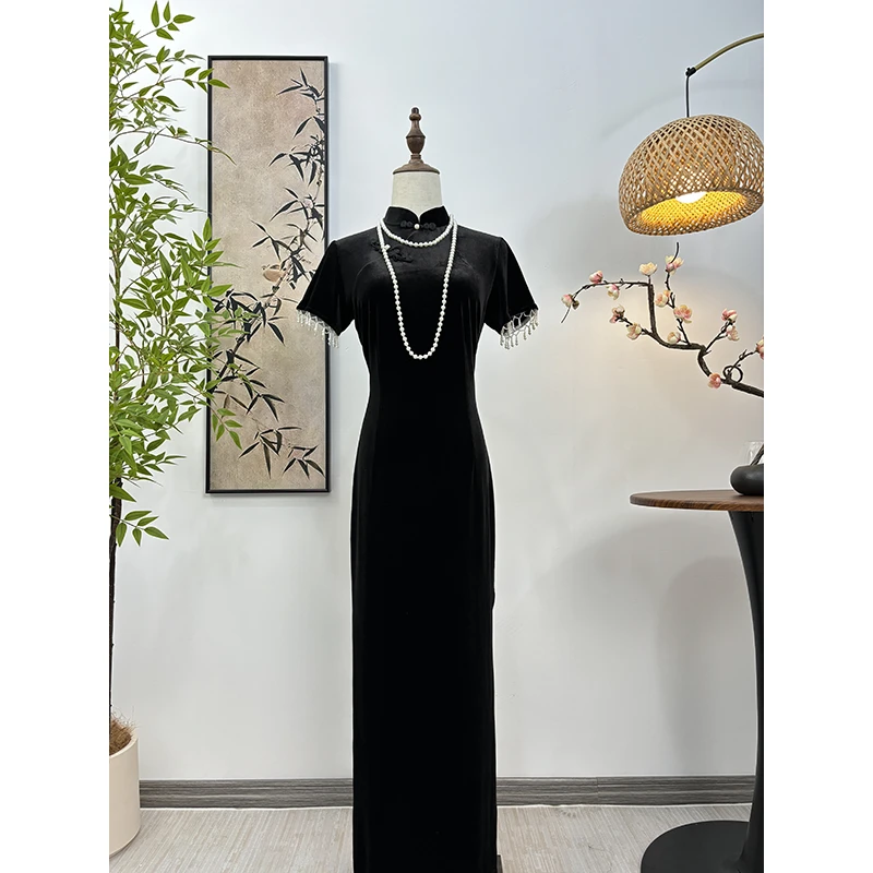 【惊鸿】晓满旗袍 黑色修身性感长款气质旗袍名媛轻奢