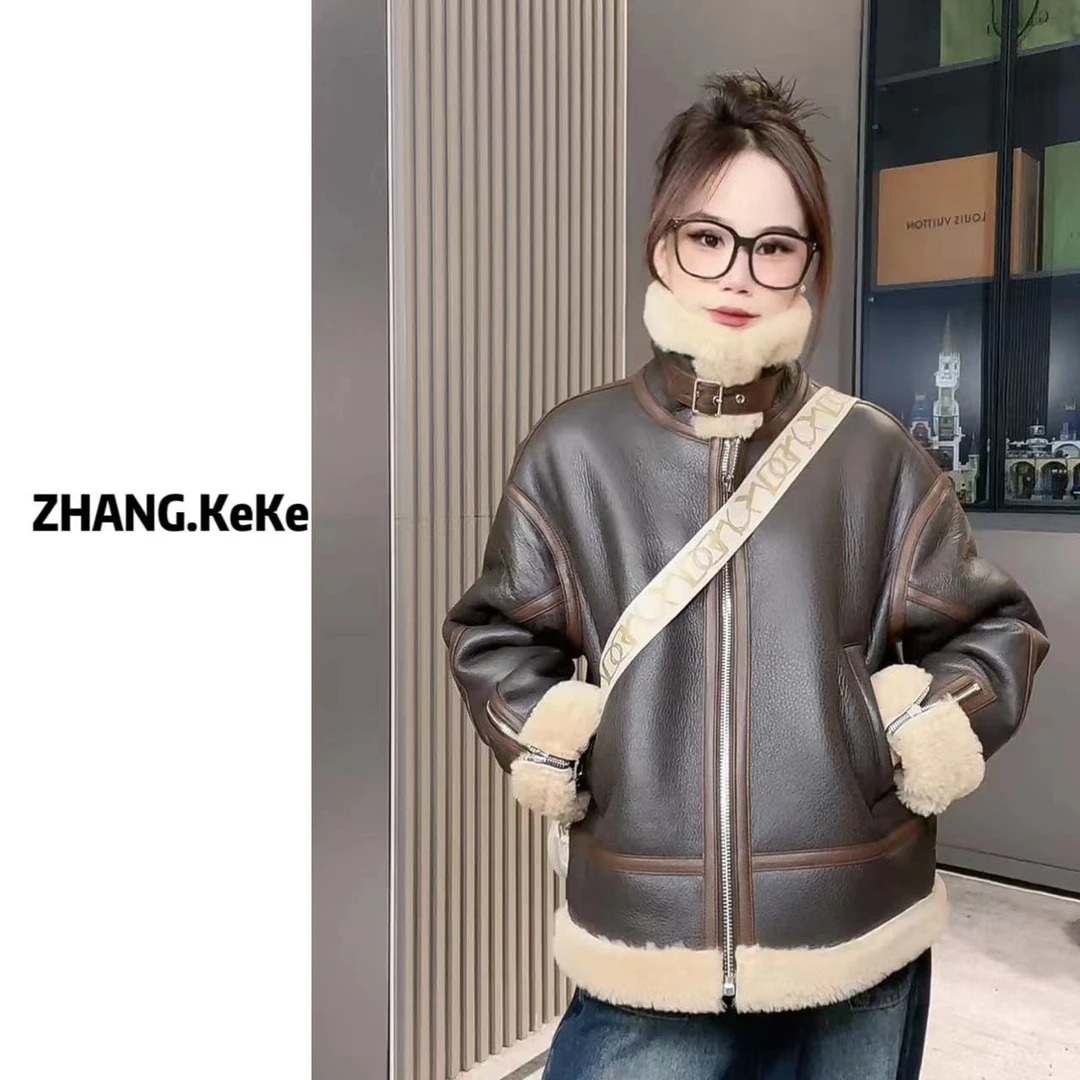 (ZHANG.KeKe）新款冬季保暖时尚复古休闲气质皮毛一体外套XT862