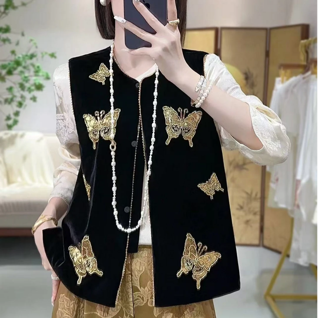 《依家推荐》气质时尚中式重工绣花珠蝴蝶桑蚕丝丝绒百搭黑色马夹