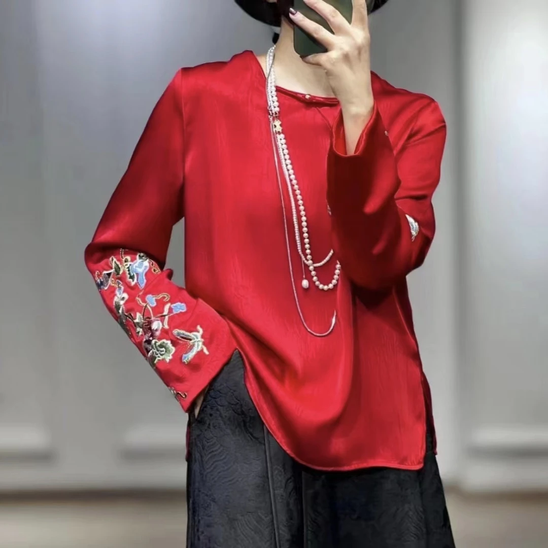 《依家推荐》高定醋醋酸刺绣圆领红色衬衫