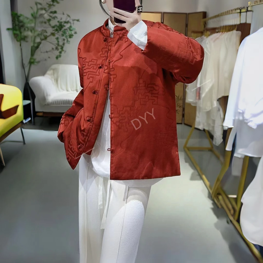 《英家推荐》中式立领复古盘扣外套喜庆朱纱云提花唐装上衣[棉服]