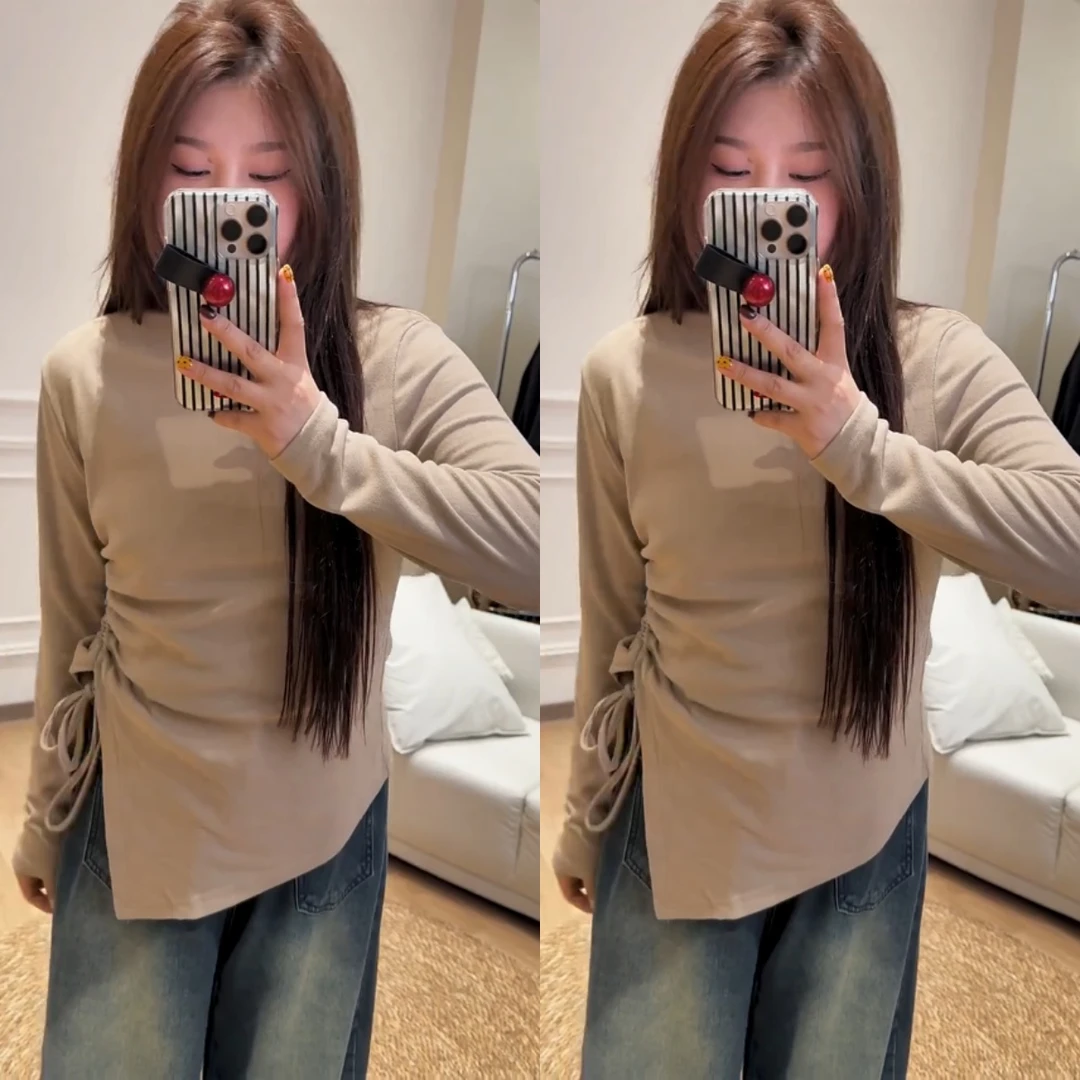 大码德绒保暖小心机甜美性感个性时尚洋气百搭修身减龄抽绳打底衫