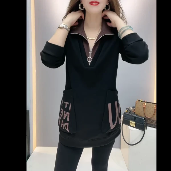 新款2024秋冬时尚休闲双口袋字母百搭立领中长款拼接显瘦长袖卫衣