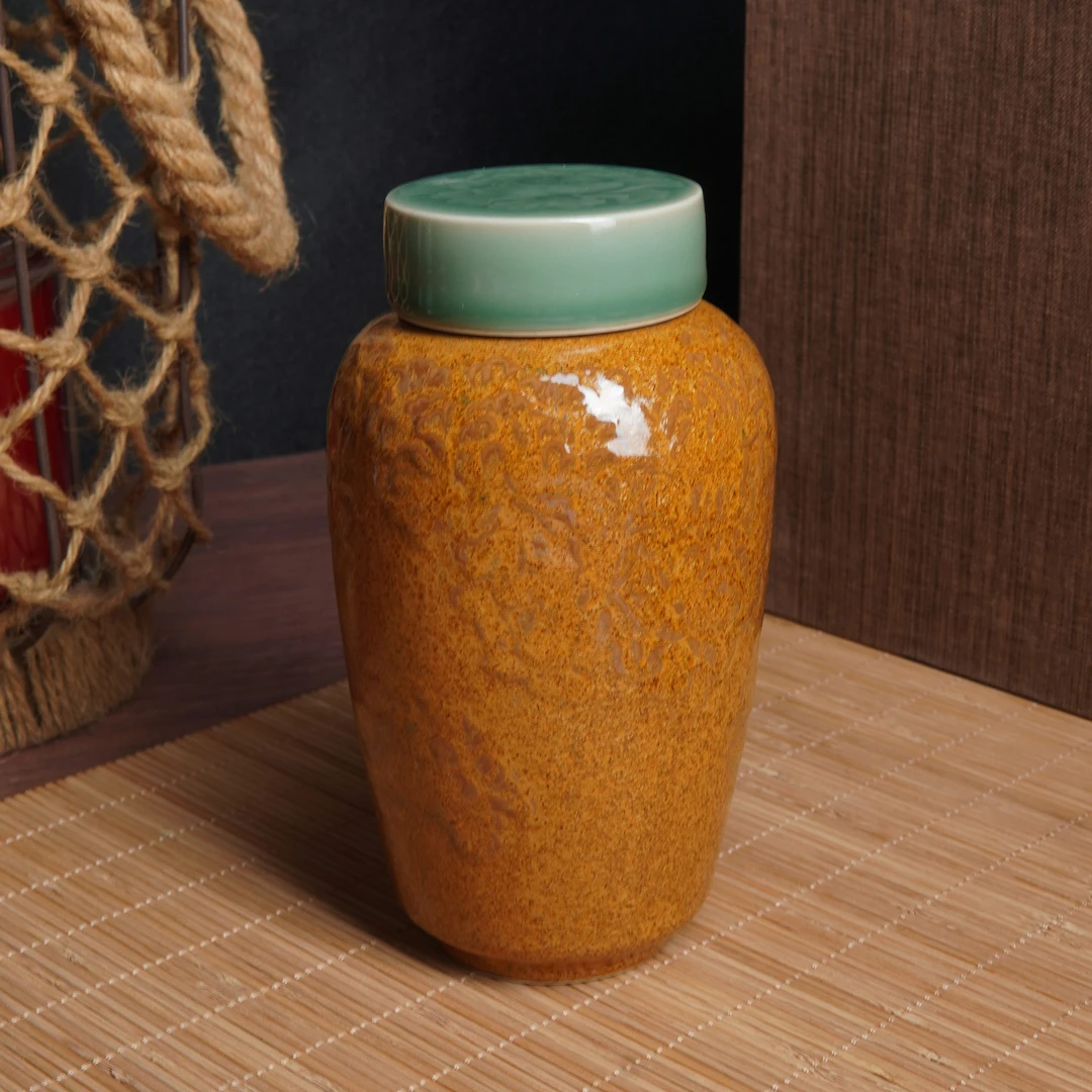 青瓷柴烧自然落灰釉茶叶罐梅子青牡丹罐盖储存罐普洱收纳罐龙泉