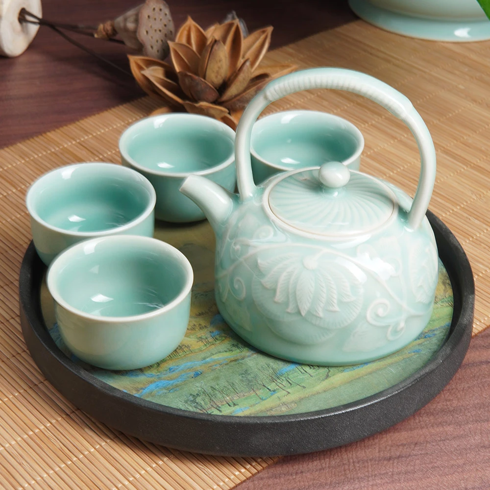 龙泉窑梅子青全瓷雕刻牡丹提梁壶泡茶壶过滤小壶青瓷单壶