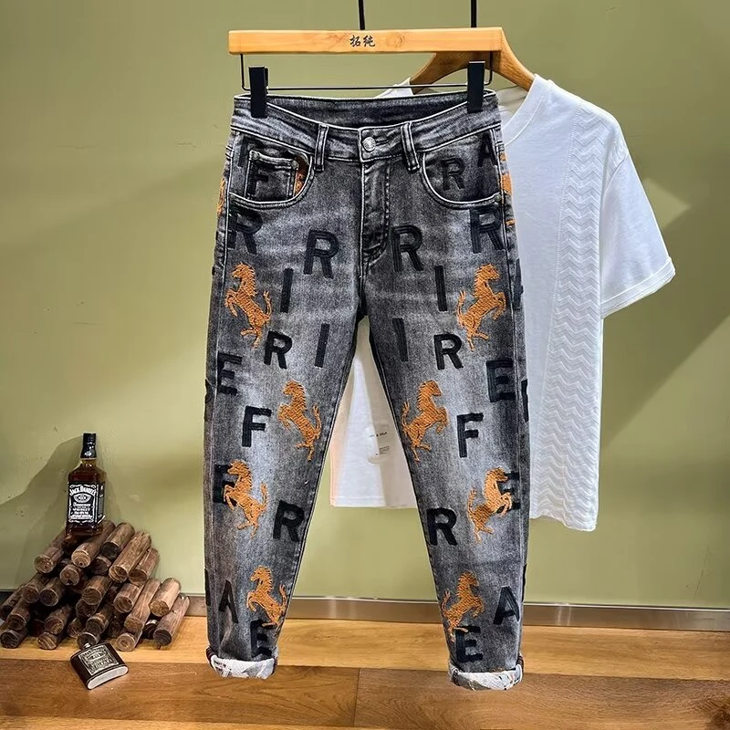 欧美男士牛仔裤刺绣修身小脚春秋新款弹力百搭潮牌休闲男长裤子