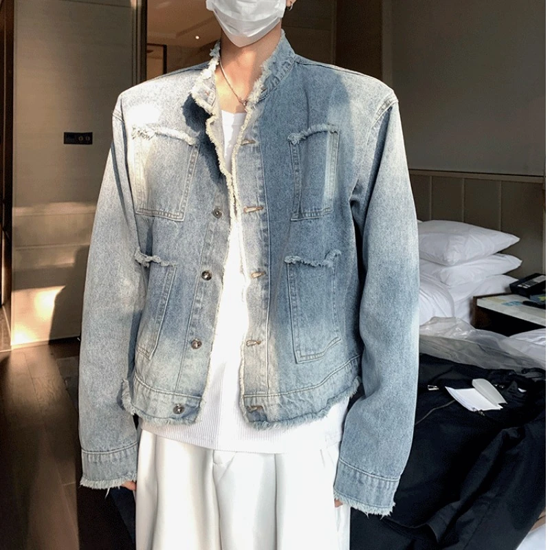 欧美高街vibe外套潮牌男美式复古牛仔衣水洗毛边工装夹克