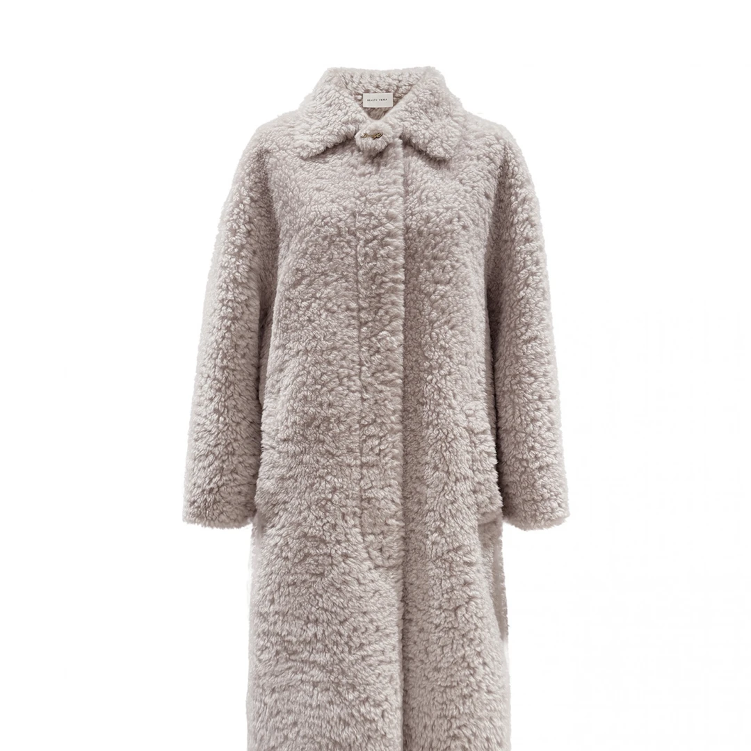 BEAUTY VENA【波波芋泥灰】韩版长毛翻领长款外套4WXP114