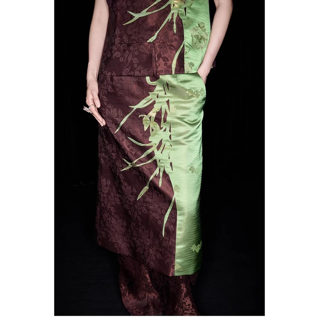 M essential雅致提花兰花剪影拼贴琵琶半身裙JC0012729