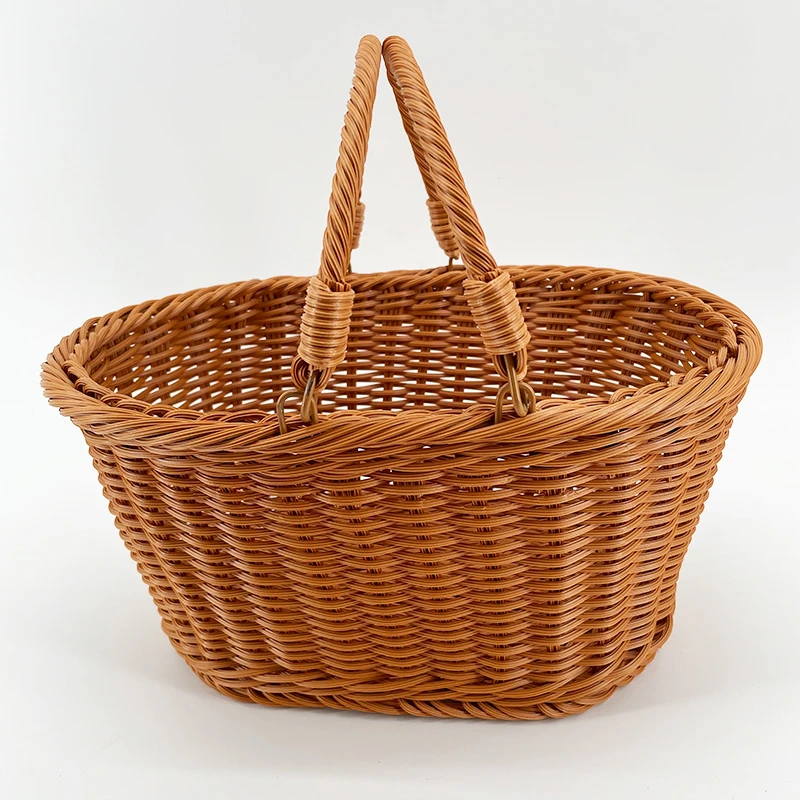 A175旦形棕色无盖手提篮居家收纳环保PP仿藤30*20*16