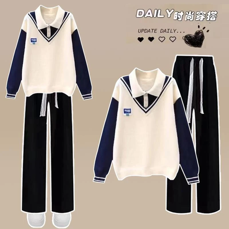 初中生女秋装套装毛衣假两件针织衫春秋2025新款高中学生少女衣服