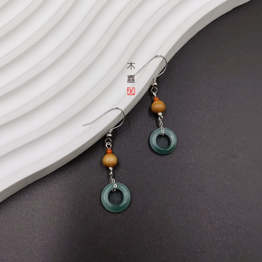 天青耳坠-翡翠平安扣老山檀耳坠新中式耳饰中国风耳饰