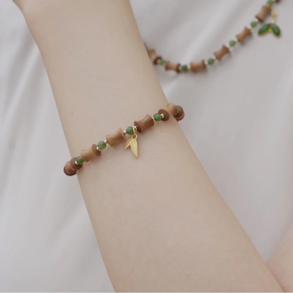 竹影|老山檀竹节珠搭配碧玉手串新中式竹节手链老山檀手串