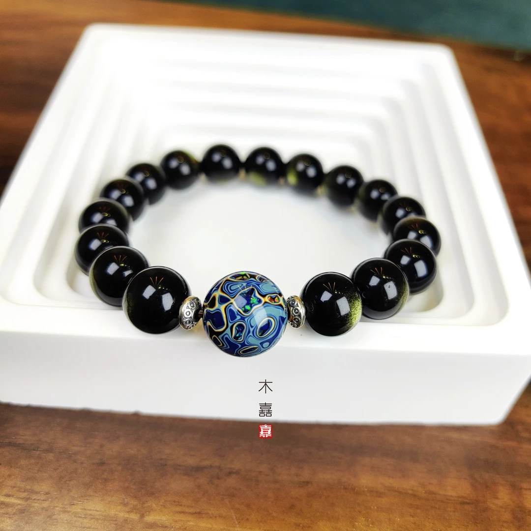 蓝曜-大漆金曜石手串大漆珠新中式原创设计