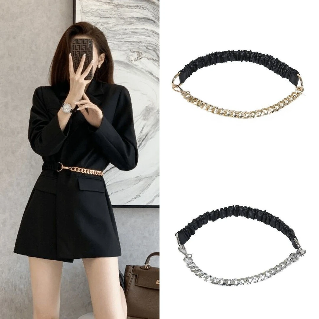 腰带女装饰配西装外套高级感银金属色腰链黑色松紧细腰封时尚百搭