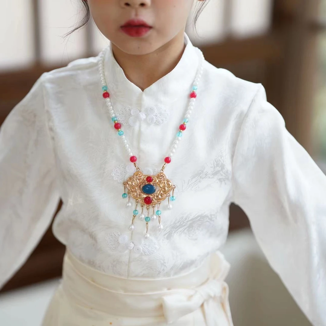 汉服女童短袖长袖上衣新中式提花立领马面裙春夏季新款中国风百搭