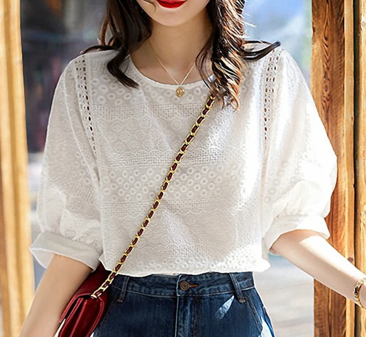 夏季韩版衬衫女装韩版圆领短袖镂空宽松气质刺绣上衣0257