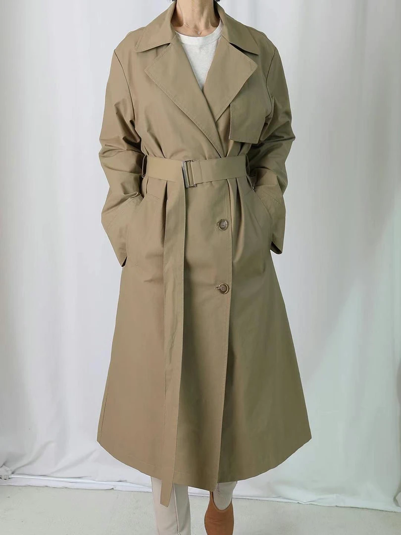 韩国春季新款收腰长款翻领风衣