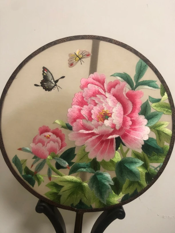 蝶恋花纯手工双面刺绣团扇摆件