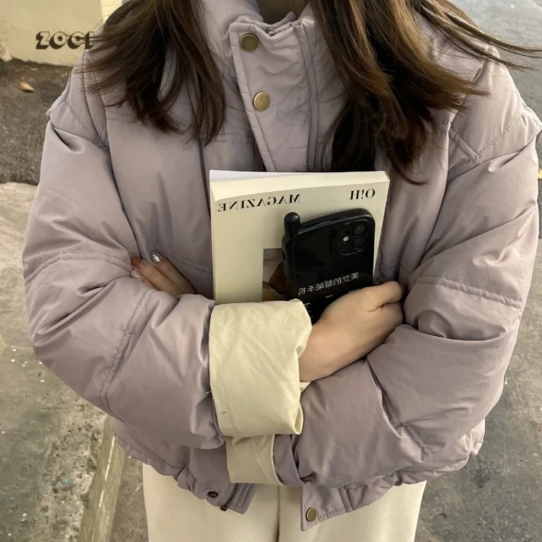 韩系简约冬季小个子短款立领撞色设计感保暖羽绒服彩色面包羽绒服