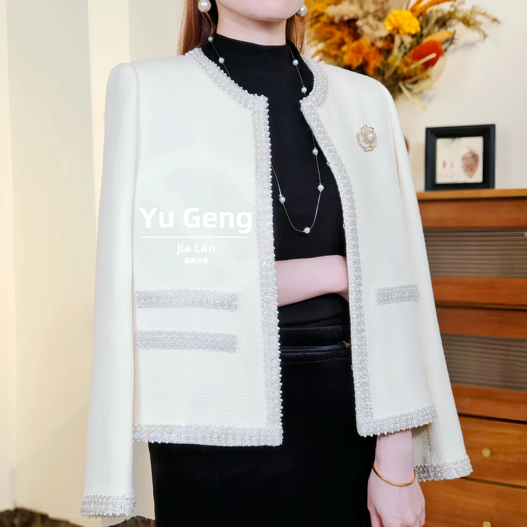 【秋冬外套】秋冬新款绵羊毛小香风白色法式手工钉珠百搭重工外套