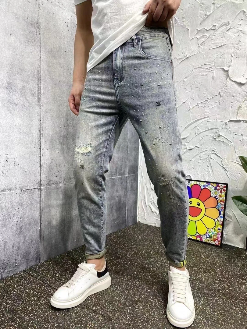 新款牛仔弹力修身小脚裤子男潮牌休闲潮流百搭九分裤男