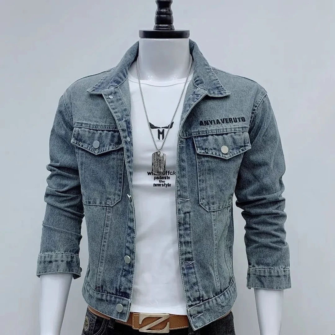 新款时尚秋季复古水洗牛仔衣外套男高级感修身男士轻奢帅气夹克潮