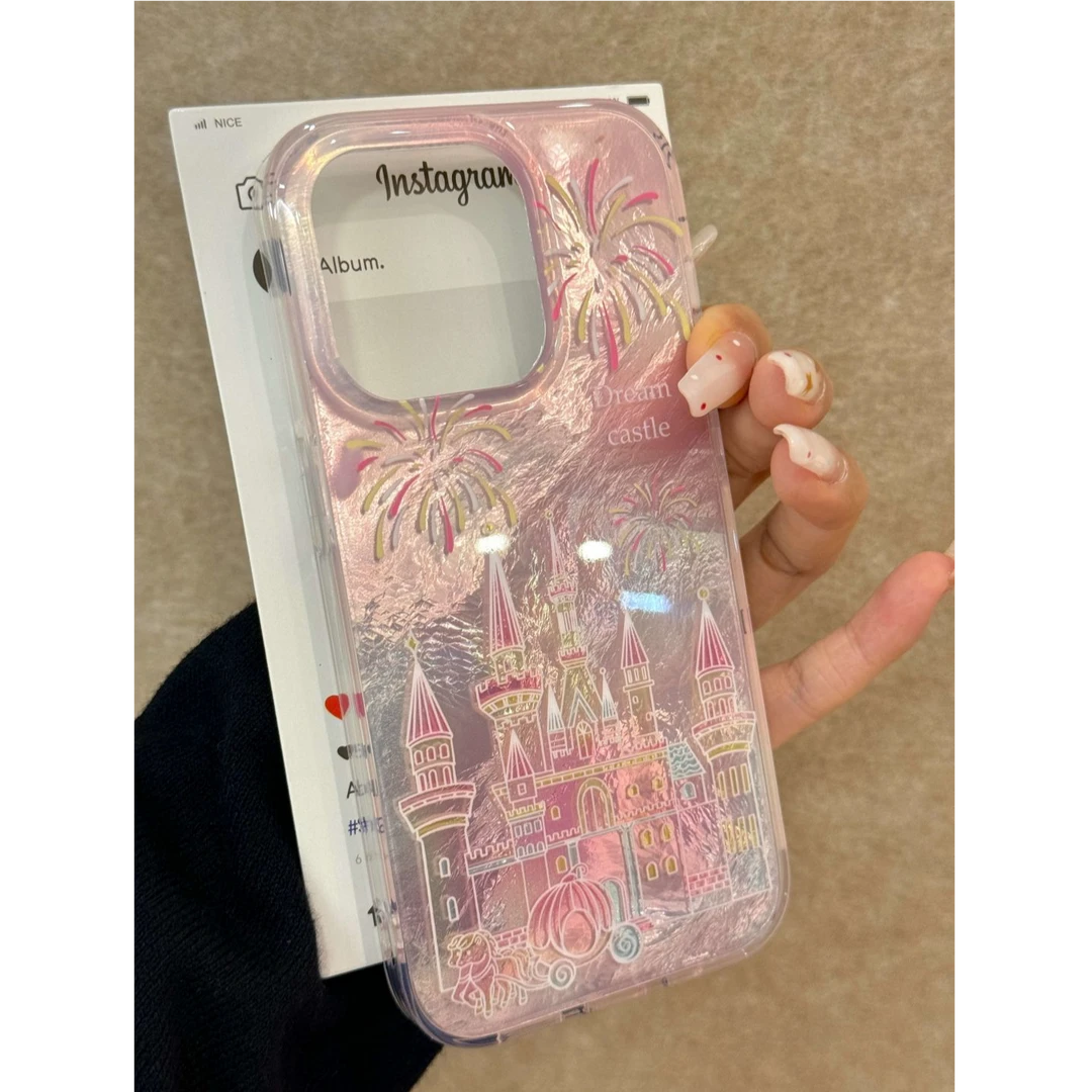 【樂享】粉色烟花城堡适用于iPhone15苹果16手机壳OPPO华为vivo小米