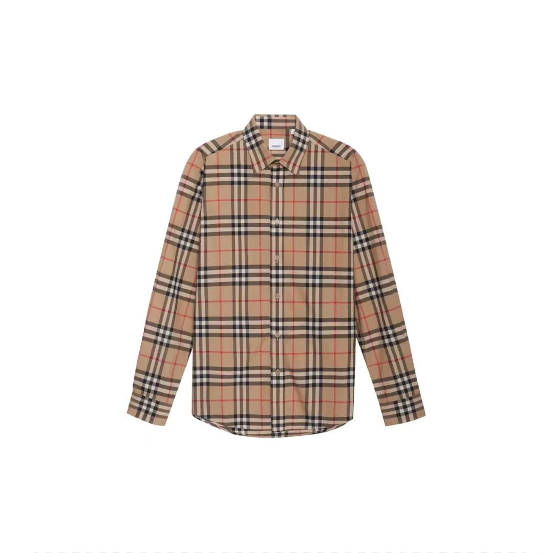 99新 BURBERRY/博柏利 XL码 长袖条纹格子拼色衬衫男款卡其色