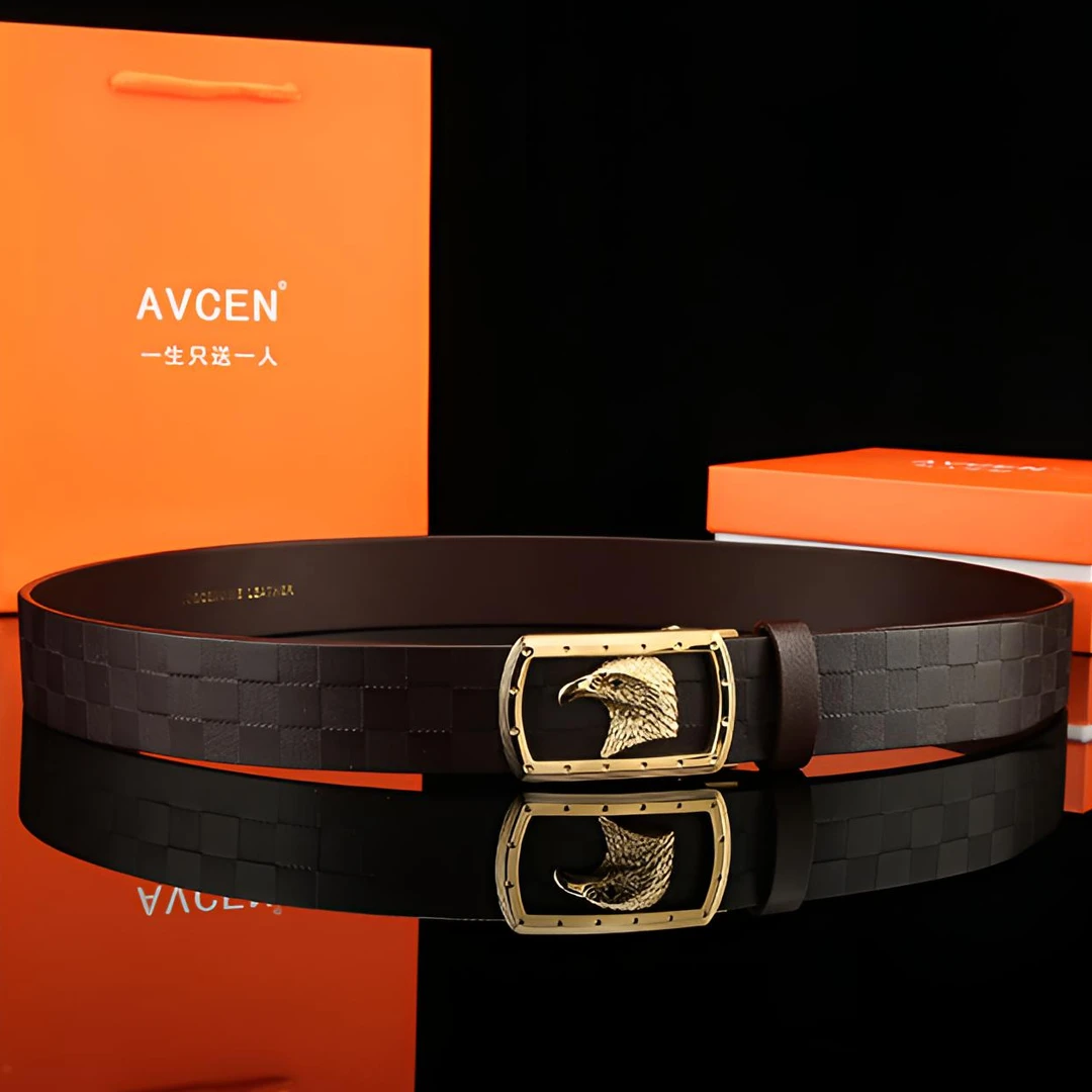 AVCEN男士真牛皮格纹皮带腰带商务商务时尚休闲内穿自动扣裤带男