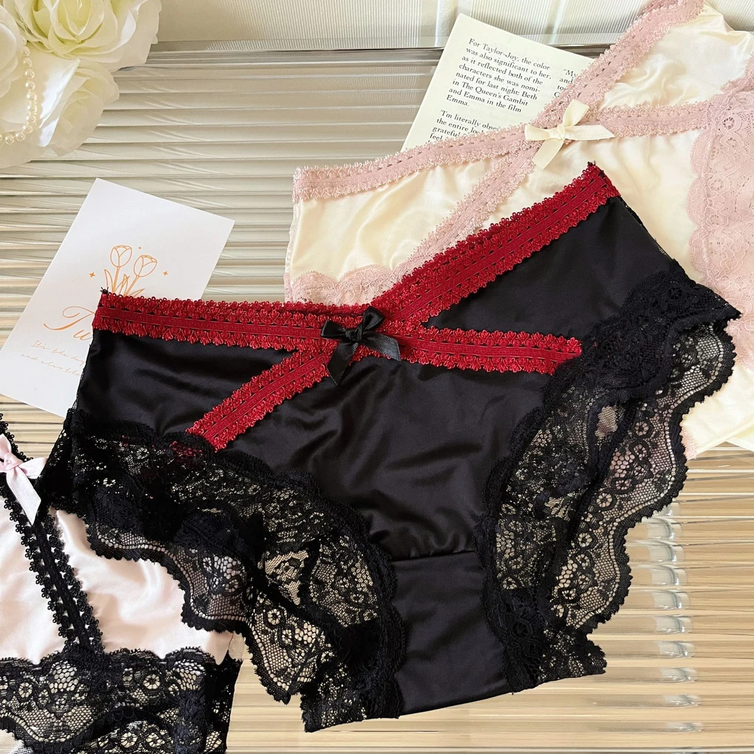 纯欲性感缎面蕾丝少女三角裤镂空轻薄透气纯棉裆内裤女
