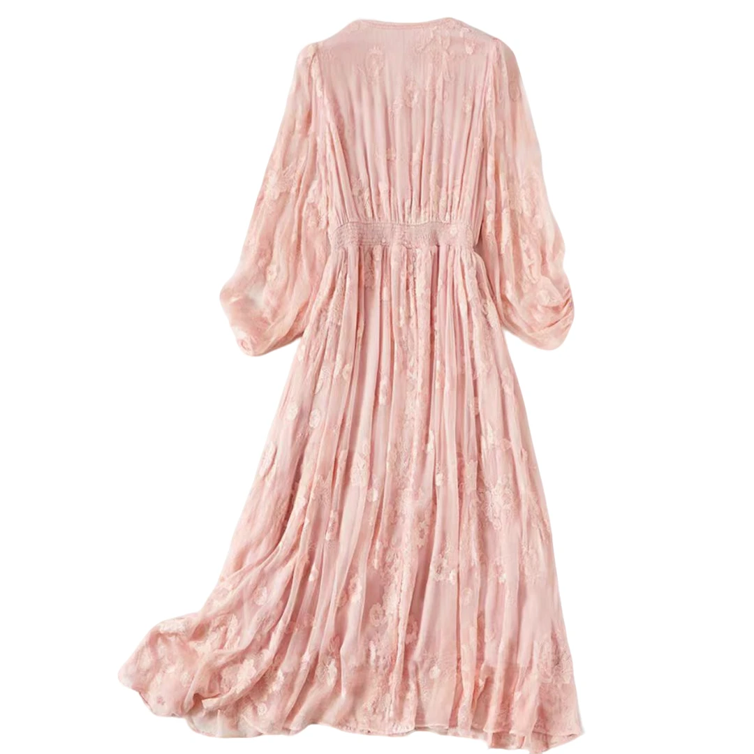 【换季清货】刺绣纯色真丝连衣裙贵气桑蚕丝宽松连衣裙真丝连衣裙