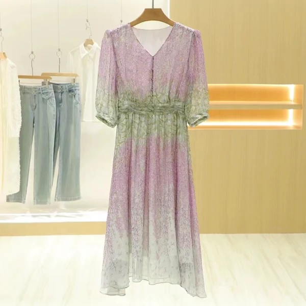 真丝度假连衣裙24年春夏季浅紫桑蚕丝乔其纱宽松桑蚕丝长裙沙滩裙