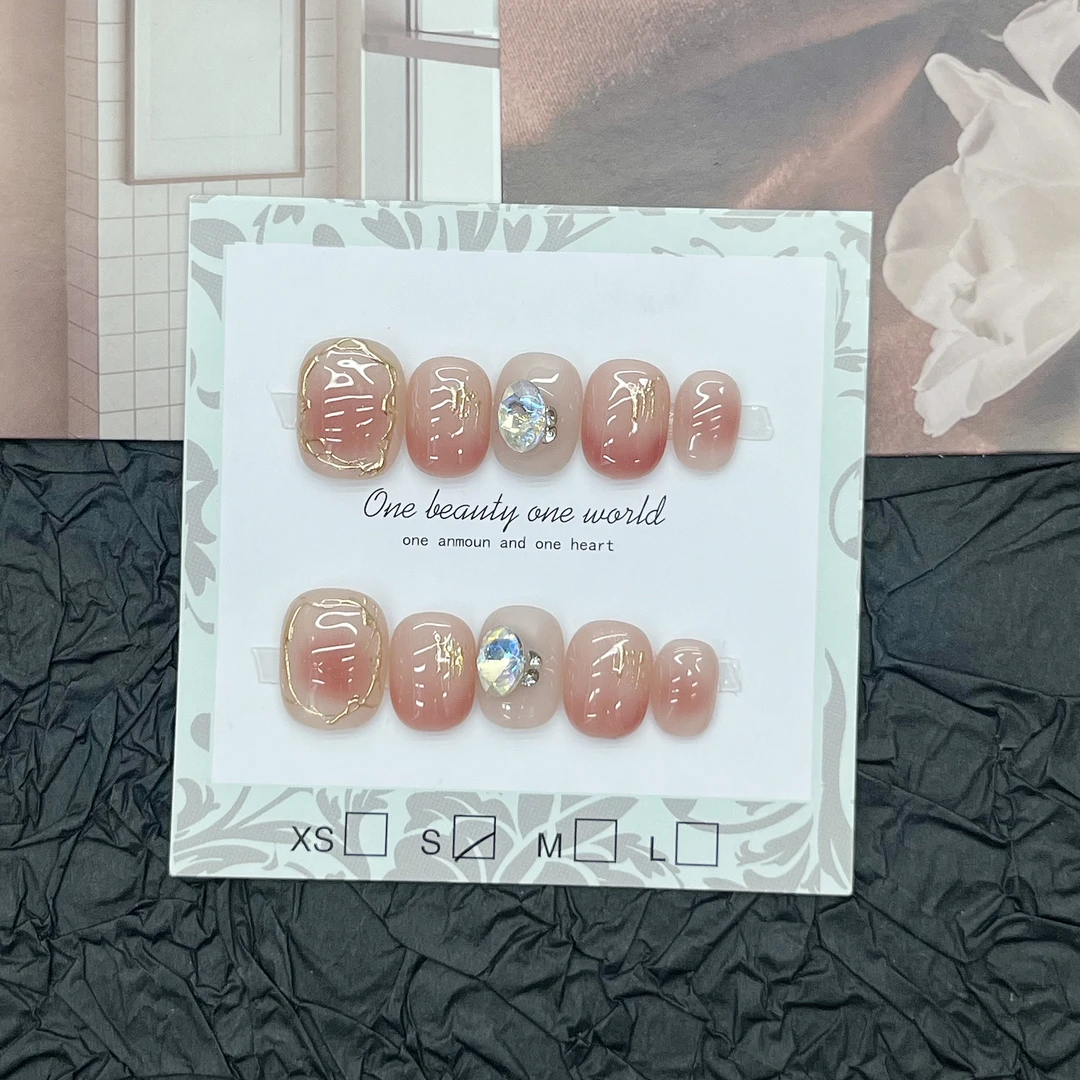 A[535]粉钻短方圆豆豆甲立体钻钻腮红温柔手工穿戴甲美甲