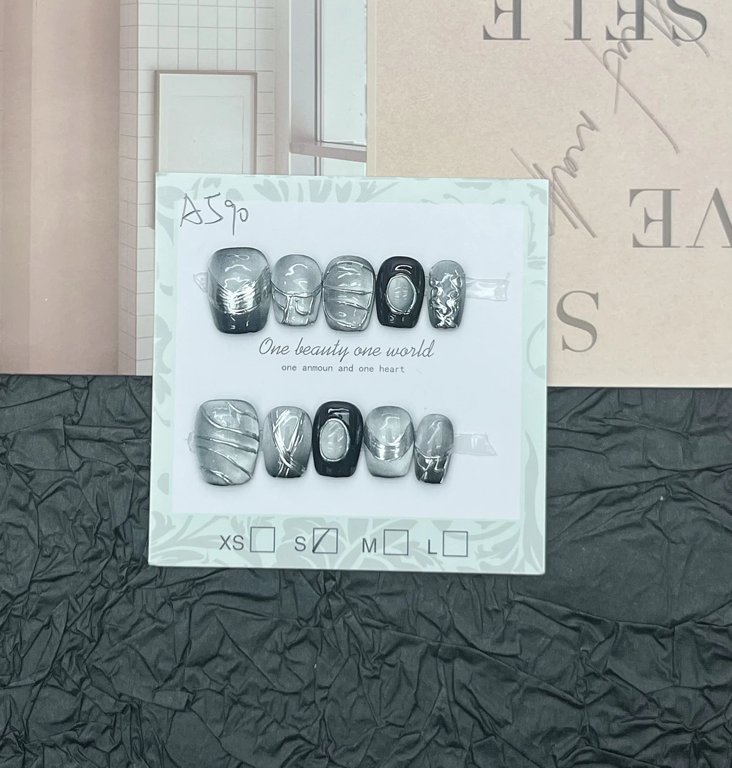 【A590】新短方银色猫眼手工穿戴甲片轻奢纯手工高品控甲