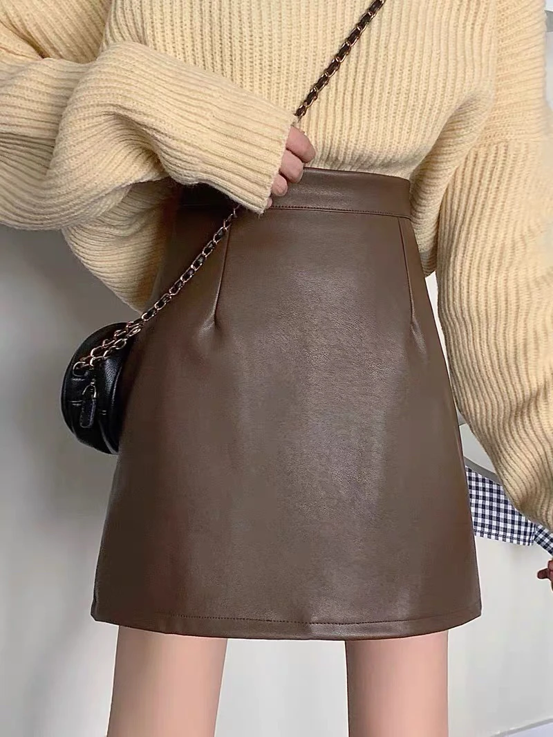 显高显瘦高腰百搭时尚韩版皮A裙半身裙