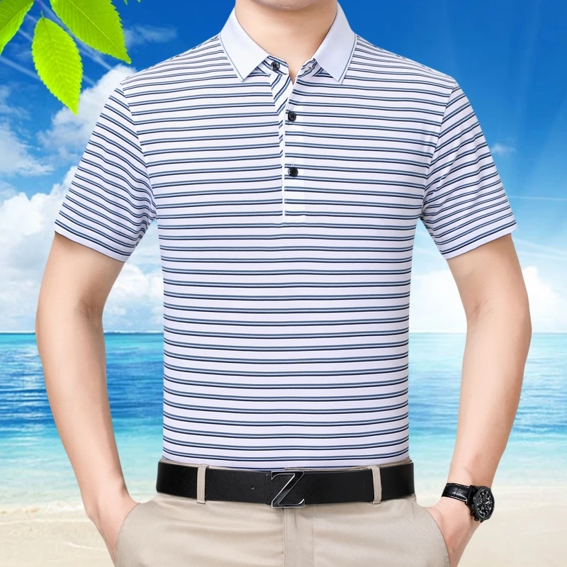 鄂尔多斯市产桑蚕丝短袖男T恤中青老年条纹半袖高档Polo衫简约男