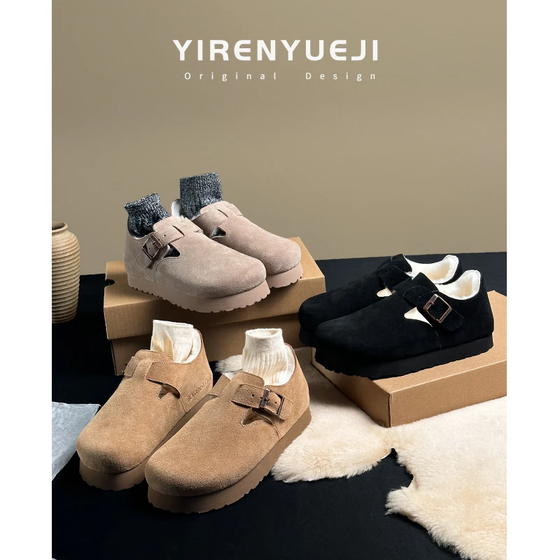 真皮复古羊毛勃肯鞋女2024新款厚底女鞋增高全包秋冬加绒棉鞋女博