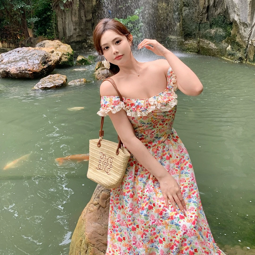 金金×MB大码女装【花海轨道】海边度假小碎花气质方领修身连衣裙