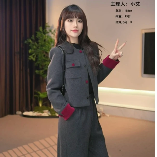 秋冬加棉新款时尚休闲气质显瘦宽松韩版呢子外套高腰阔腿裤套装