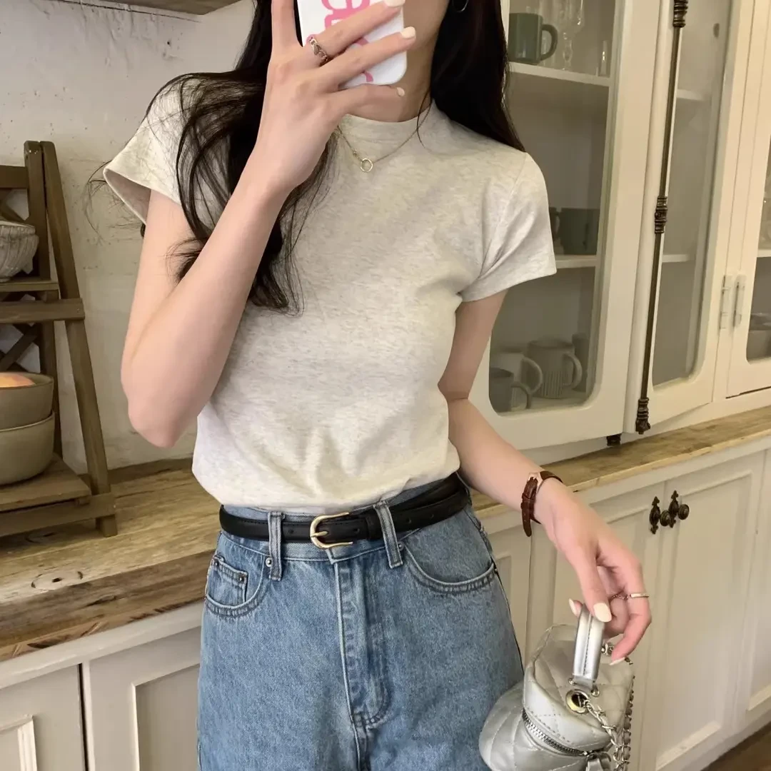 40支精棉92棉8氨纶美式纯色t恤女正肩短袖显瘦圆领小衫打底上衣