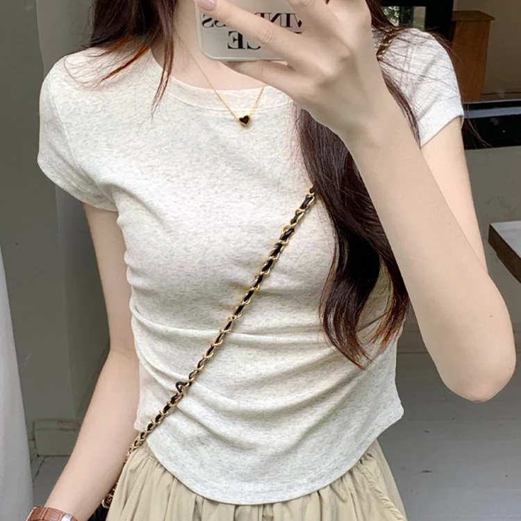 正肩短袖T恤女装2024新款夏季白色内搭修身设计感短款小个子上衣