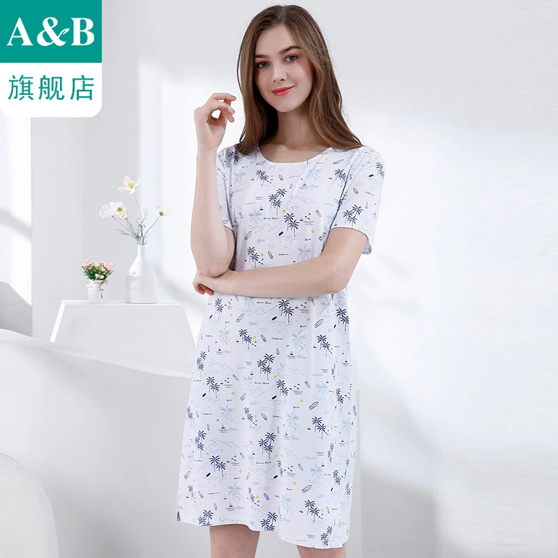 ab内衣女士睡裙薄款印花宽松显瘦圆领短袖甜美弹力舒适居家裙XT23