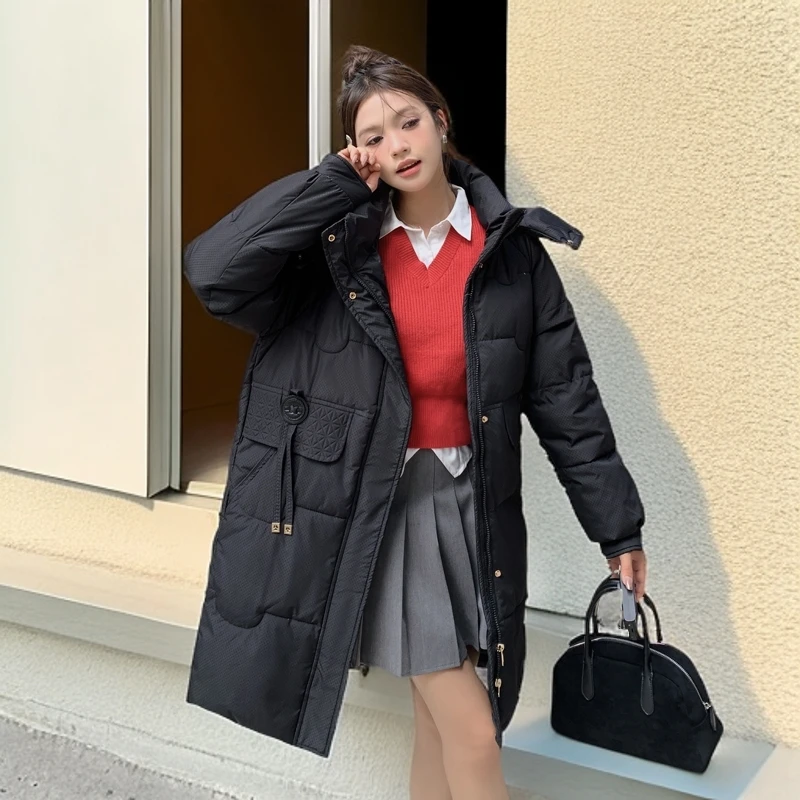 中长款小米格棉服女可拆卸帽时尚休闲百搭宽松冬季加厚保暖棉衣