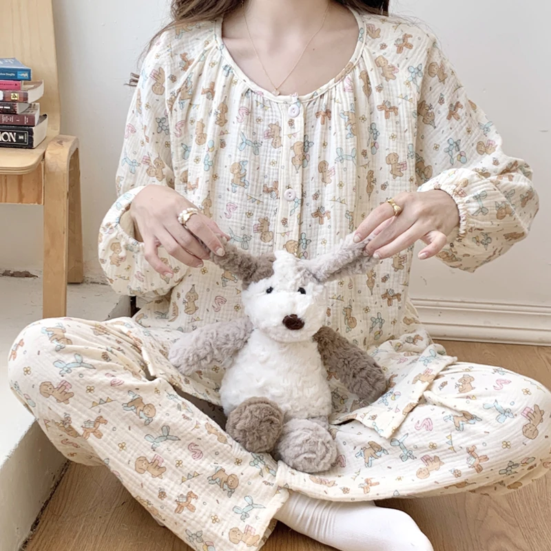 婴儿棉纱布月子服季薄款纯棉产后哺乳孕妇睡衣怀孕期大码家居服