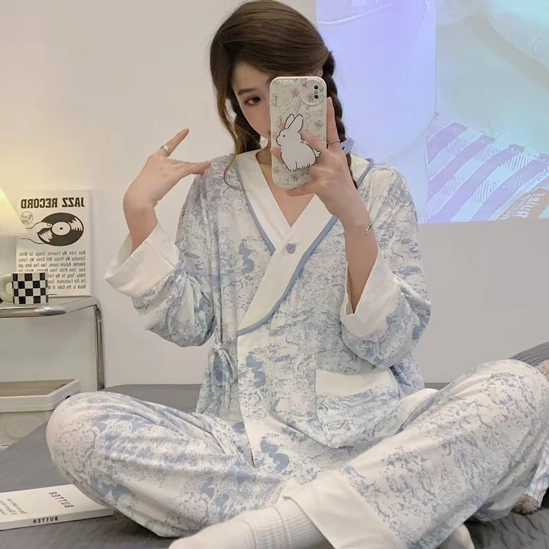 和服月子服春秋云感棉10月份产后大码孕妇睡衣夏季薄款哺乳两件套