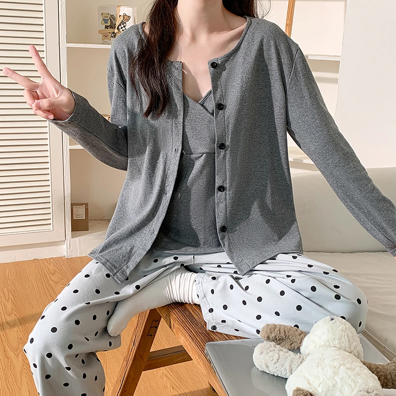 带胸垫月子服春秋纯棉10月份产后三件套孕妇睡衣秋冬季哺乳可外穿