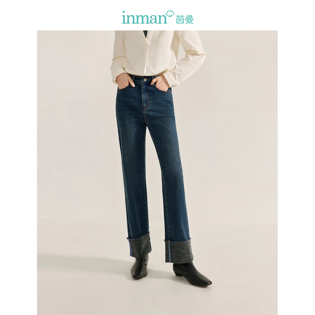 茵曼2024冬季新款女牛仔裤直筒长裤女装高腰显瘦宽松休闲百搭时尚