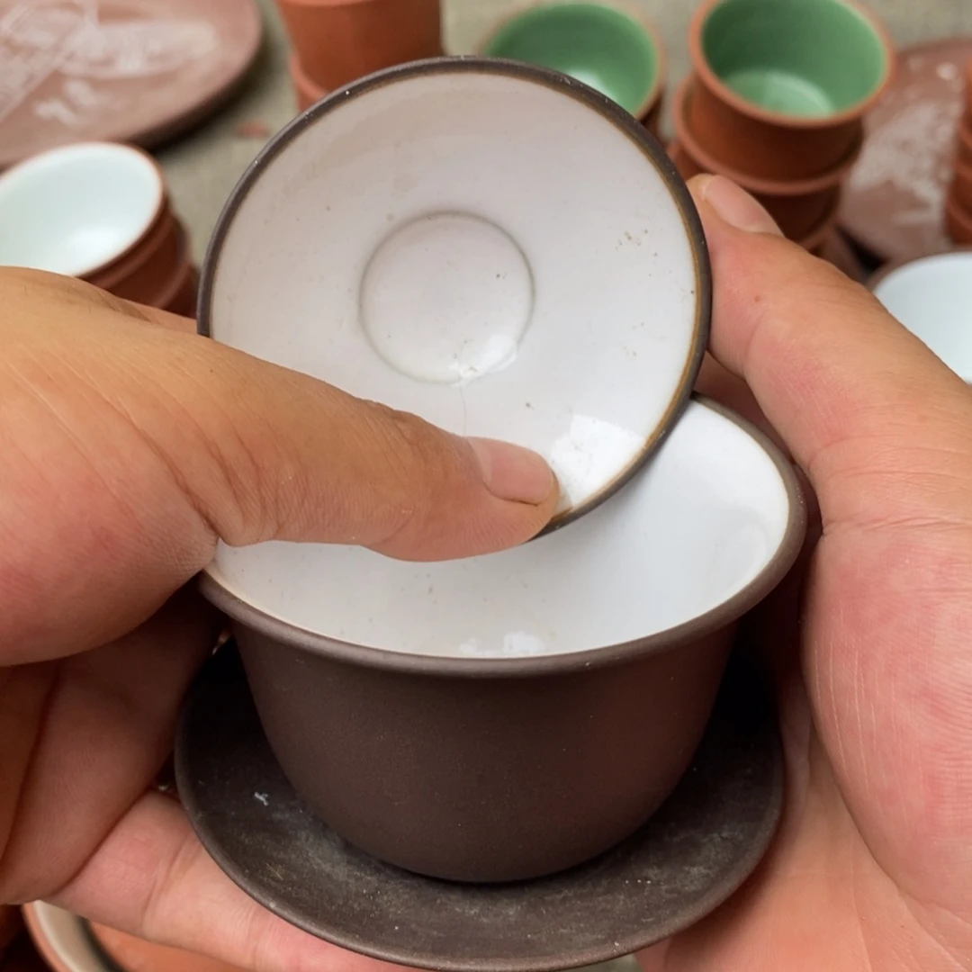紫砂茶壶白釉紫泥三才盖碗220-150cc两个